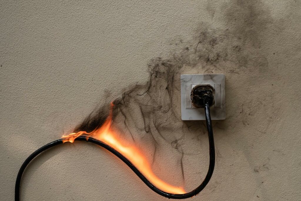 Smoke curling upward from an electric cord bursting into flames; defective product concept.