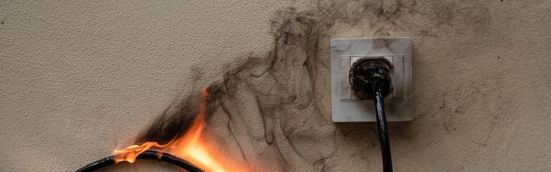 Smoke curling upward from an electric cord bursting into flames; defective product concept.